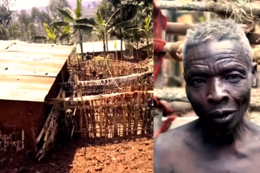 Ông Callitxe Nzamwita và căn nhà nơi ông tự cách ly suốt 55 năm.