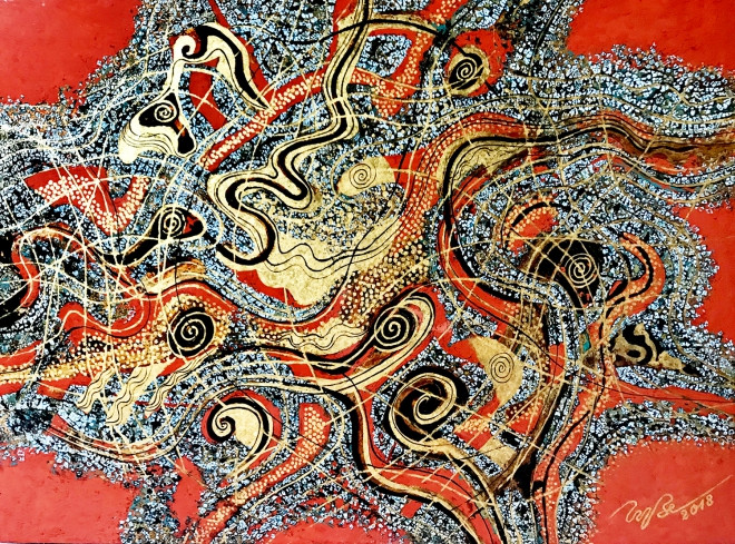 Tác phẩm &apos;Thiên hà&apos;, sơn mài, 2018 của họa sĩ Trương Bé. Ảnh tư liệu gia đình họa sĩ cung cấp.