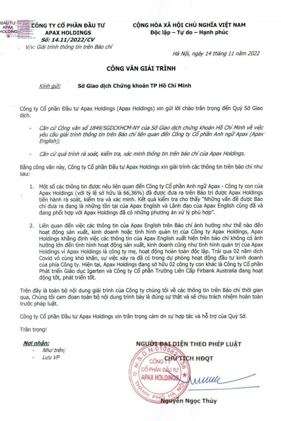 Văn bản giải trình của Công ty CP đầu tư Apax Holdings gửi tới Sở Giao dịch Chứng khoán TP Hồ Chí Minh (HOSE).