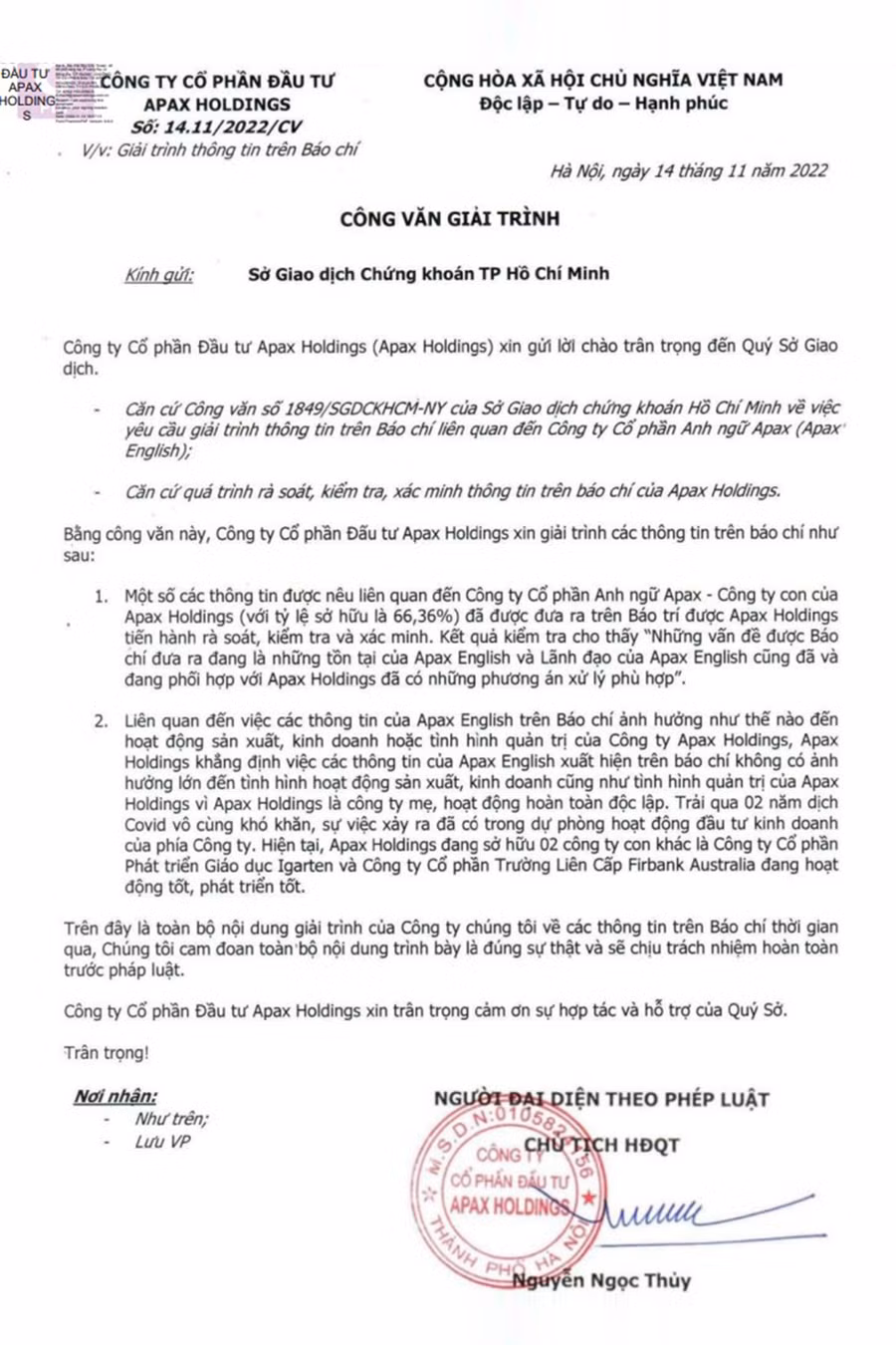 Văn bản giải trình của Công ty CP đầu tư Apax Holdings gửi tới Sở Giao dịch Chứng khoán TP Hồ Chí Minh (HOSE).