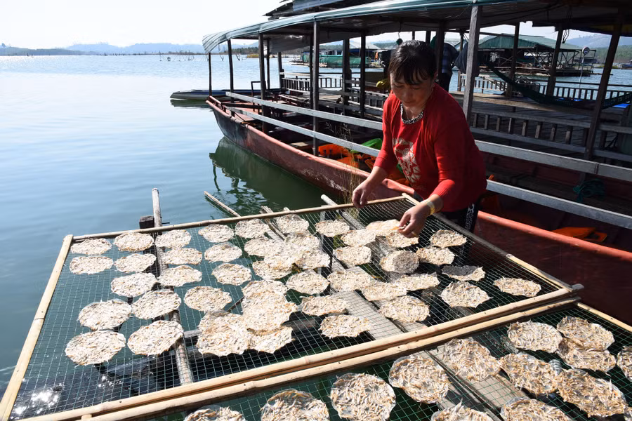 Bánh tráng cá cơm là món đặc sản ở làng chài Sê San. Bánh tráng cá cơm là món đặc sản ở làng chài Sê San.