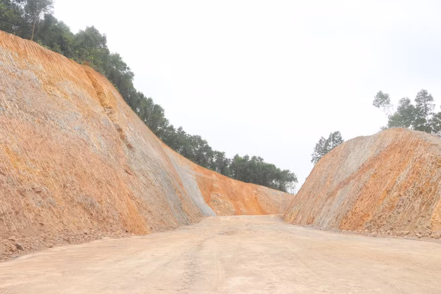 Đơn vị thi công san ủi, mở đường tại khu vực rừng trồng đã giải phóng mặt bằng. (Ảnh: Đ. Đức)