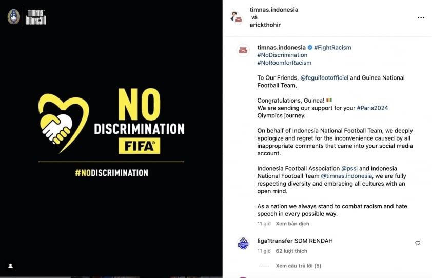 Tâm thư xin lỗi Guinea từ Liên đoàn bóng đá Indonesia.