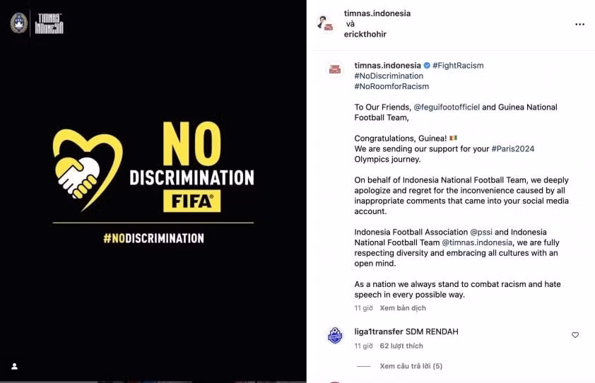 Tâm thư xin lỗi Guinea từ Liên đoàn bóng đá Indonesia.