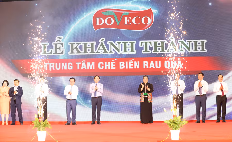 Các đại biểu ấn nút khánh thành nhà máy.