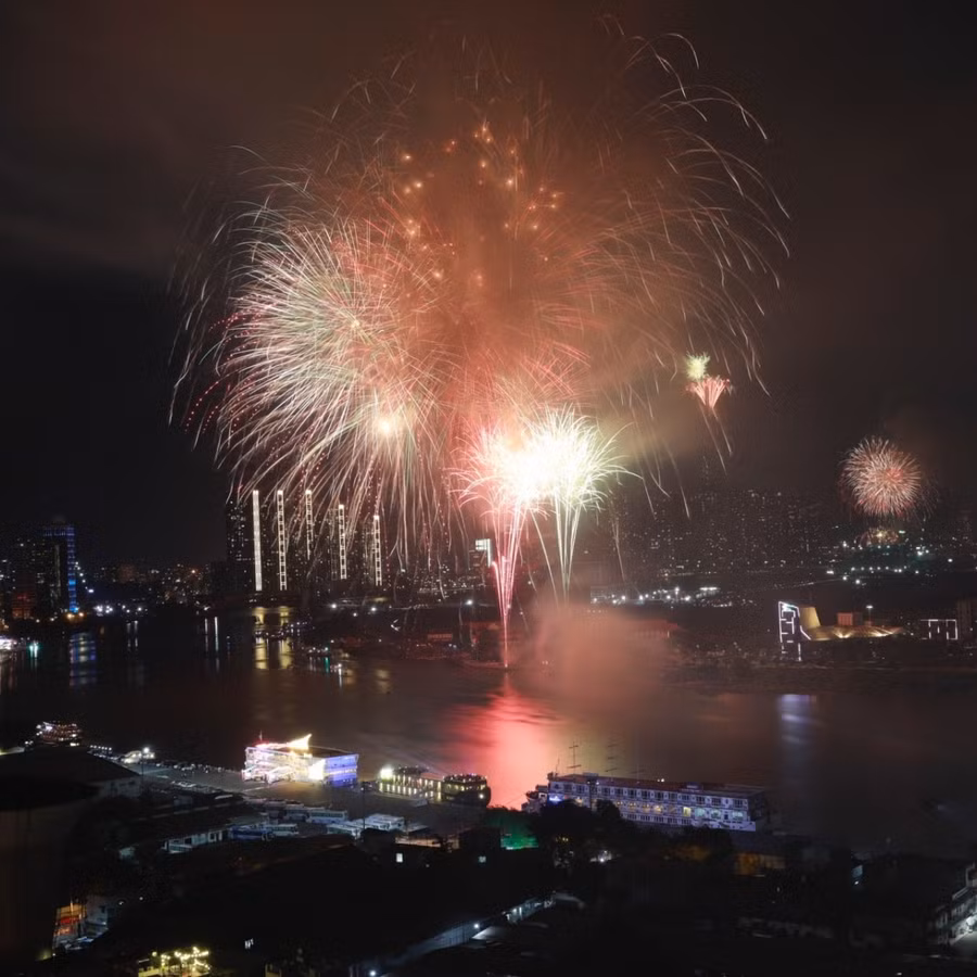 Tại TPHCM, 0h ngày 1/1, những chùm pháo hoa tầm cao bung nở như đóa hoa, báo hiệu thời khắc của năm mới 2021. Ảnh: Ione.