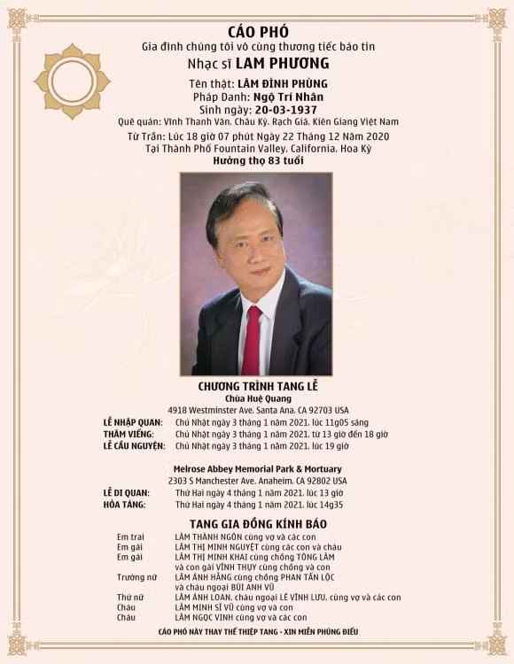 Thông tin chính thức về tang lễ của cố nhạc sĩ đã được trung tâm Thúy Nga Paris By Night cập nhật.