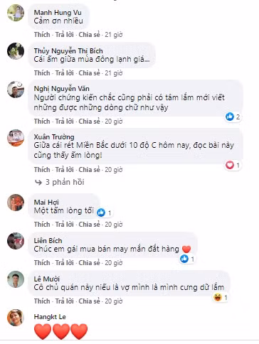 Cộng đồng mạng bày tỏ cảm xúc về sự quan tâm và hào phóng của bà chủ quán cơm gà trong câu chuyện trên. Ảnh chụp màn hình.