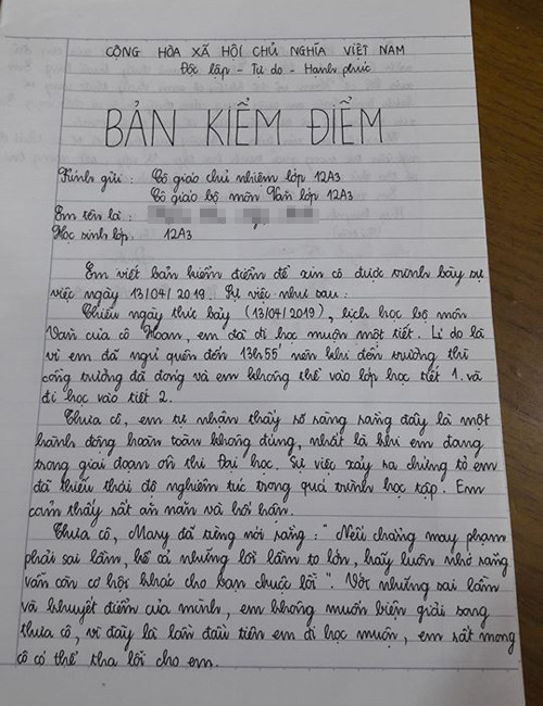Bản kiểm điểm "gây bão" của nữ sinh chuyên Văn.