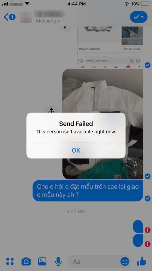 Nhắn tin phản hồi lại shop thì đã bị block. Nhắn tin phản hồi lại shop thì đã bị block.