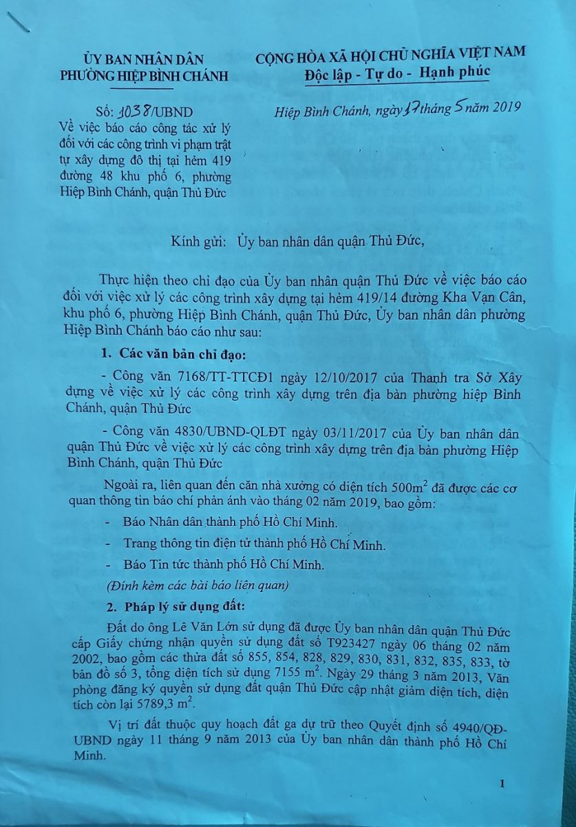 Biên bản báo cáo xử lý sai phạm của phường Hiệp Bình Chánh