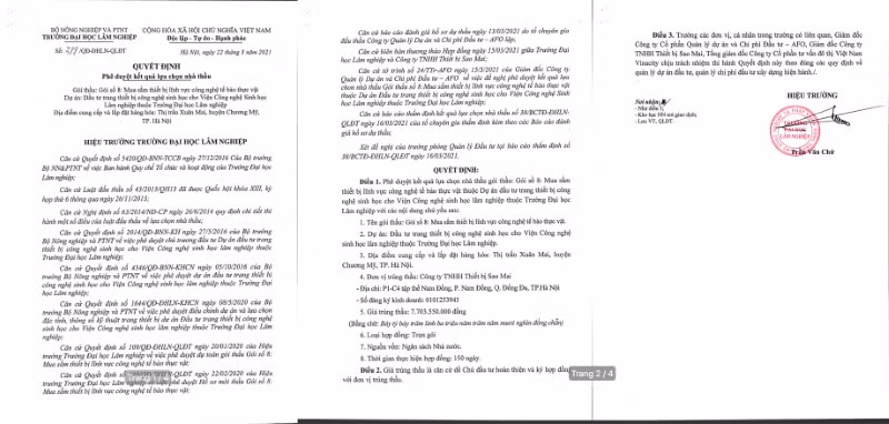 Quyết định phê duyệt kết quả lựa chọn nhà thầu của Trường Đại học Lâm nghiệp.