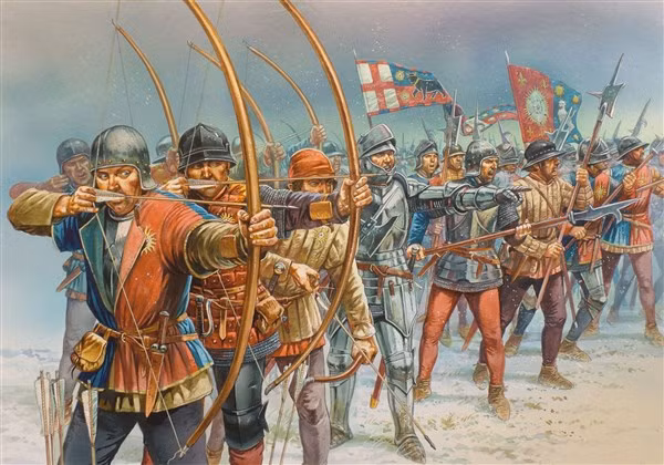 Tranh mô tả cung tên dài do quân đội Anh sáng chế.