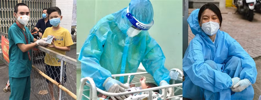 Từ trái qua phải: Anh Huỳnh Trọng Nhân (Trường THCS Lữ Gia, Quận 11, TPHCM) trao thiết bị học tập cho học sinh khu vực bị phong tỏa. Cô Nguyễn Thị Mỹ Trang (Trường Mầm non 9, Quận 4, TPHCM) chăm sóc em bé chào đời tại Bệnh viện Phụ sản Hùng Vương. Hoàng Ngọc Thảo - sinh viên Trường ĐH Ngoại ngữ - Tin học TPHCM tham gia hỗ trợ lực lượng tuyến đầu phòng chống dịch.
