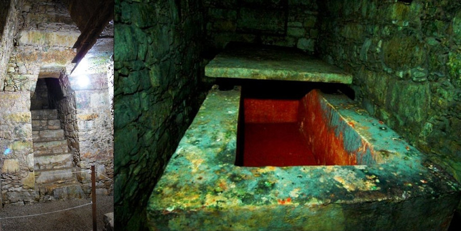 Lối vào và quan tài đá, bên trong phủ đầy chu sa trong hầm mộ Nữ hoàng Đỏ.