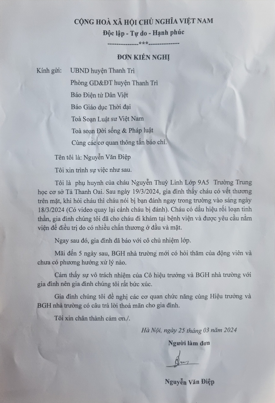 Đơn phản ánh của phụ huynh học sinh Trường THCS Tả Thanh Oai.