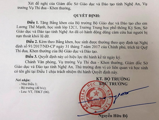 Quyết định của Bộ trưởng Bộ GD&ĐT tặng Bằng khen cho em Lương Thế Mạnh vì đã có hành động dũng cảm cứu người thoát khỏi lũ dữ. Quyết định của Bộ trưởng Bộ GD&ĐT tặng Bằng khen cho em Lương Thế Mạnh vì đã có hành động dũng cảm cứu người thoát khỏi lũ dữ.