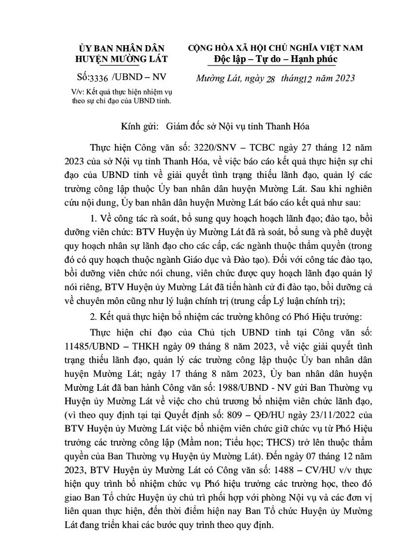 Công văn của UBND huyện Mường Lát gửi Sở Nội vụ tỉnh Thanh Hóa từ từ ngày 28/12/2023.