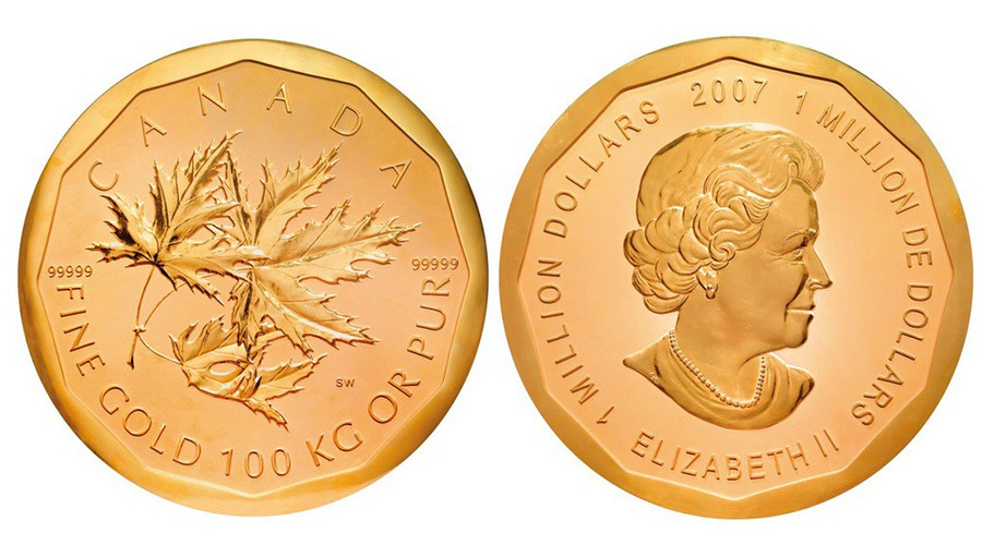 Maple Leaf là đồng xu vàng do Xưởng đúc tiền Hoàng gia Canada đúc năm 2007. Đồng xu có đường kính 53 cm, dày 3 cm, đúc từ 100 kg vàng ròng. Nguồn ảnh: Rarest. Maple Leaf là đồng xu vàng do Xưởng đúc tiền Hoàng gia Canada đúc năm 2007. Đồng xu có đường kính 53 cm, dày 3 cm, đúc từ 100 kg vàng ròng. Nguồn ảnh: Rarest.