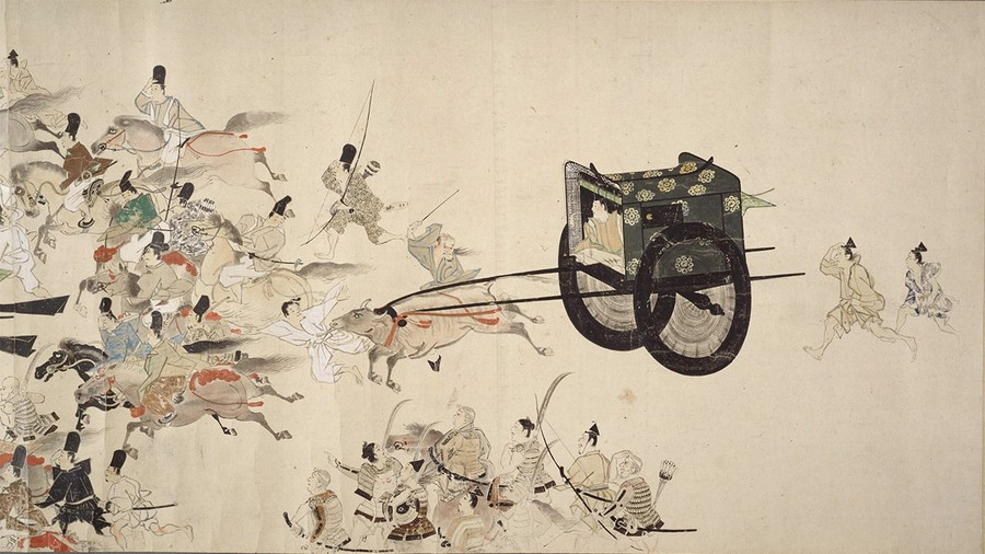 Một trang trong truyện cổ Heiji monogatari emaki, cho thấy có kamon trên xe của quý tộc tham chiến Trận Genpei (1180 - 1185). Ảnh: Thư viện Quốc hội Nhật Bản Một trang trong truyện cổ Heiji monogatari emaki, cho thấy có kamon trên xe của quý tộc tham chiến Trận Genpei (1180 - 1185). Ảnh: Thư viện Quốc hội Nhật Bản