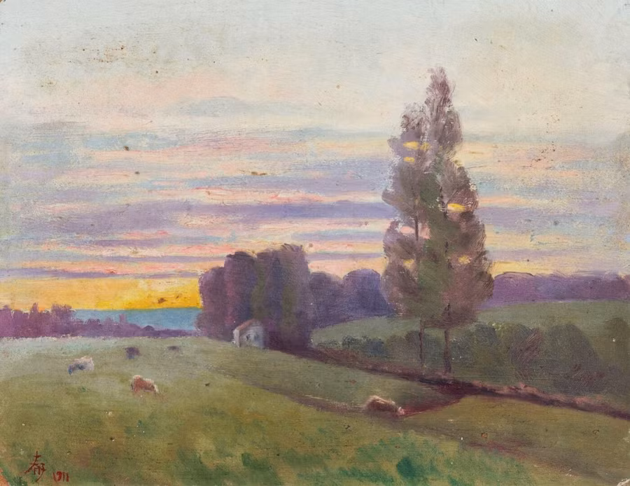 Tác phẩm 'Mặt trời lặn ở vùng quê',1 trong 19 bức tranh của vua Hàm Nghi được bán đấu giá lần này.