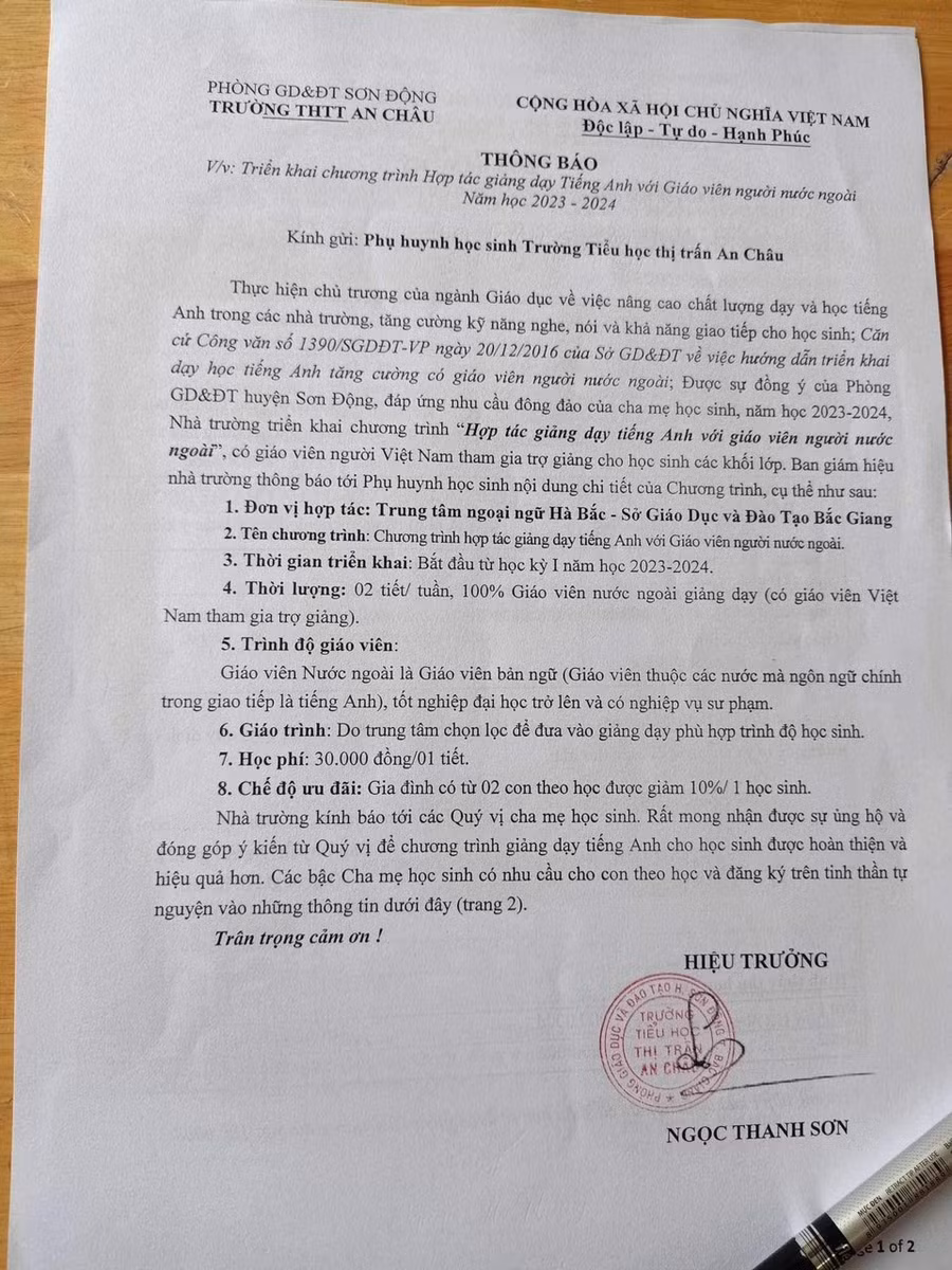 Thông báo của Trường Tiểu học thị trấn An Châu về học tiếng Anh tăng cường.