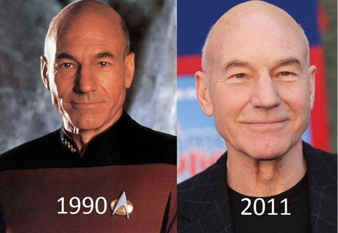 Chính nhờ khuôn mặt không hề thay đổi theo tuổi tác mà nam diễn viên Patrick Stewart vẫn thoải mái diễn xuất trong bộ phim Star Trek từphiên bản 1990 cho tới phiên bản 2013. Những sao Hollywood không hề thay đổi sau hơn 10 năm