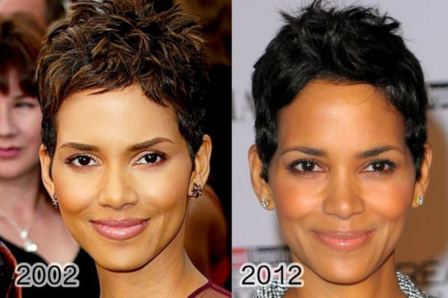 Hình ảnh của Halle Berry từ năm 2002 cho tới năm 2012 không có nhiều sự khác biệt trừ kiểu tóc ngắn được biến tấu và gu trang điểm có phần sang trọng, già dặn hơn. Những sao Hollywood không hề thay đổi sau hơn 10 năm