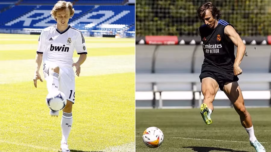 Modric (trái) trong buổi ra mắt Real Madrid năm 2012 và bức ảnh của anh trên sân tập gần đây.