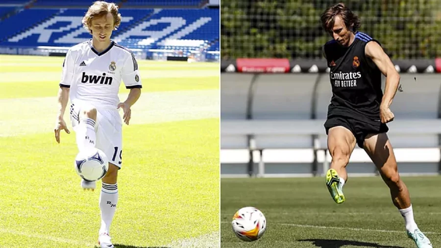 Modric (trái) trong buổi ra mắt Real Madrid năm 2012 và bức ảnh của anh trên sân tập gần đây.