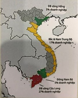 Tỉ lệ các doanh nghiệp gặp sự cố thiếu nước theo vùng. Tỉ lệ các doanh nghiệp gặp sự cố thiếu nước theo vùng.