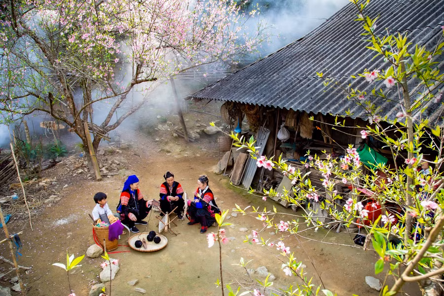 Mỗi độ Xuân về, hoa đào lại khoe sắc, làm đẹp cho những ngôi nhà đơn sơ của người dân Tủa Chùa. Ảnh: Trương Công Thành.