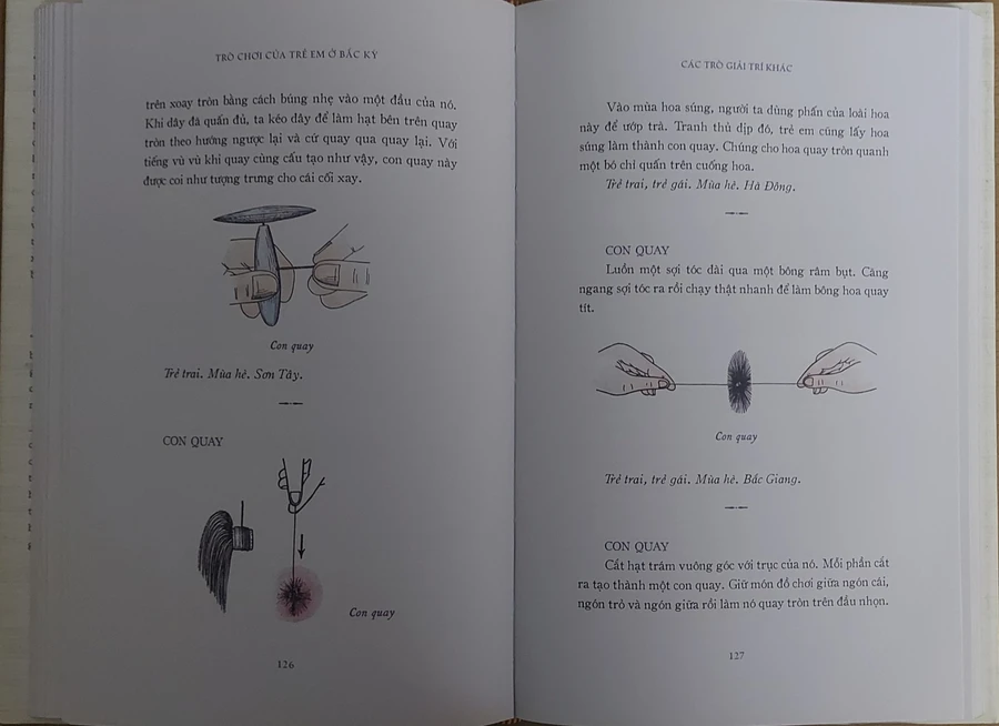 Trò chơi 'Con quay' được mô tả chi tiết cùng nhiều hình vẽ minh họa sinh động. Ảnh: Anh Sơn.