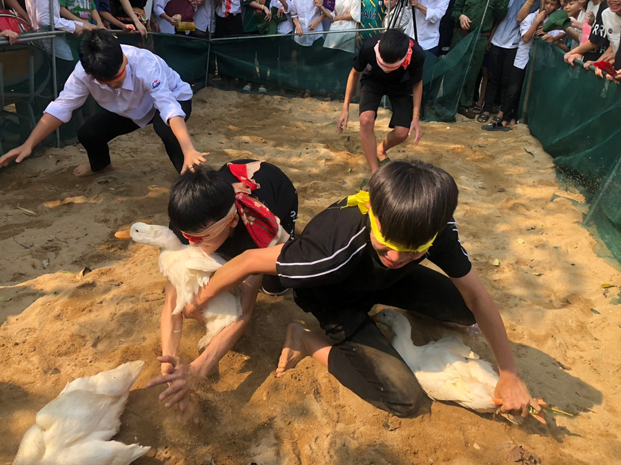 Phần thi bịt mắt bắt vịt được các em học sinh hào hứng cổ vũ. (Ảnh: Bá Hải).