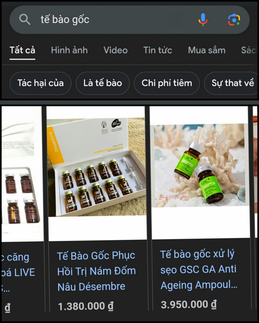 Tìm kiếm với từ khóa 'tế bào gốc', xuất hiện hàng loạt sản phẩm với đủ các nhãn hiệu mức giá. Tìm kiếm với từ khóa 'tế bào gốc', xuất hiện hàng loạt sản phẩm với đủ các nhãn hiệu mức giá.