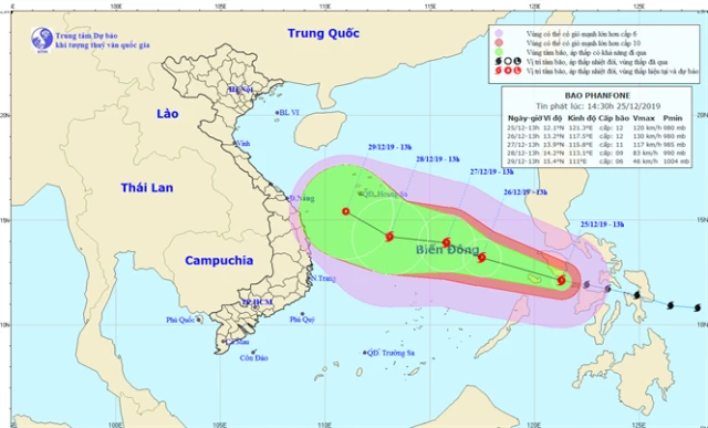 Bão Phanfone đã mạnh lên cấp 12, giật cấp 14, tiến vào Biển Đông