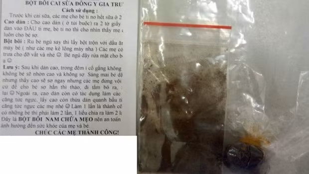 Gói thuốc bột bôi cai sữa và tờ hướng dẫn sử dụng. Nguồn: SKĐS.