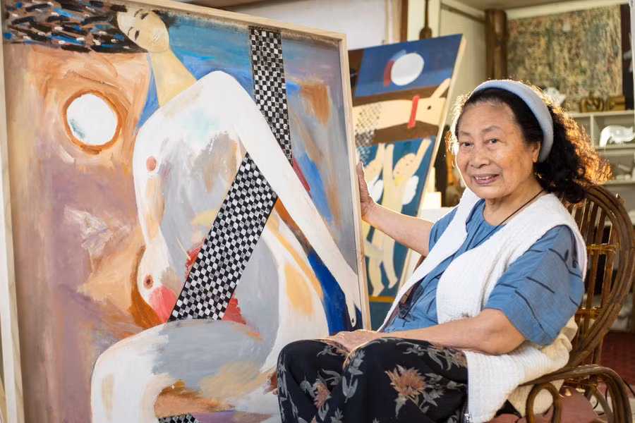 Họa sĩ Kim Thái có đam mê đặc biệt với tranh nude với hình tượng người phụ nữ khoẻ khoắn. Ảnh: NVCC.