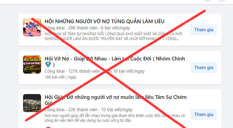 Ảnh chụp màn hình một số hội, nhóm trên mạng xã hội Facebook.