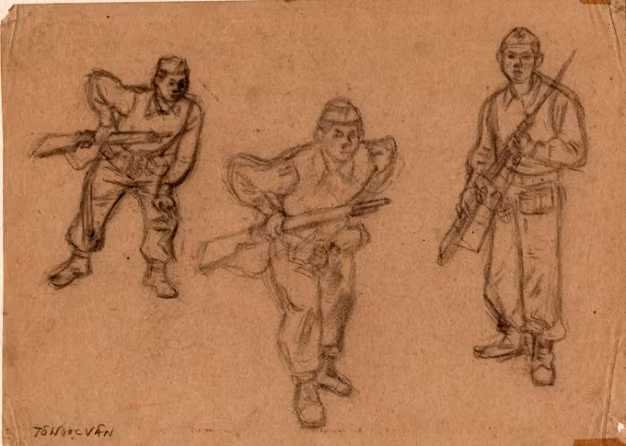 Họa sĩ Tô Ngọc Vân ký họa các chiến sĩ trung đoàn Thủ đô - khoảng những năm 1949.