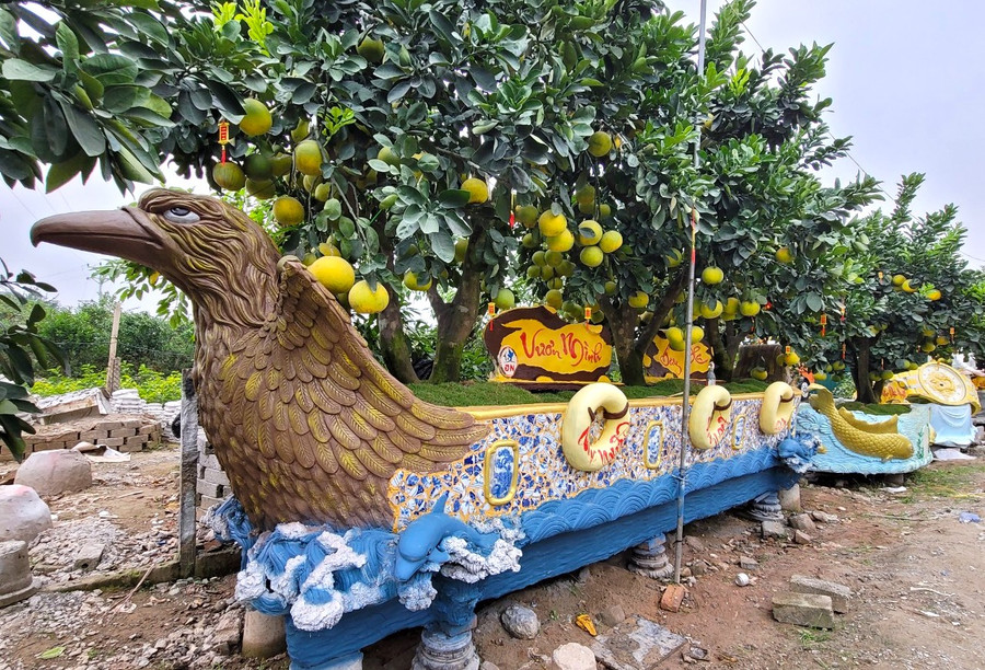 Tác phẩm &apos;Vươn mình bay xa&apos; dài 6,5 m có giá khoảng 250 triệu đồng. Nhà vườn hiện đang có 42 chậu trồng bưởi độc lạ, mỗi chậu có giá dao động từ 50 - 250 triệu đồng.