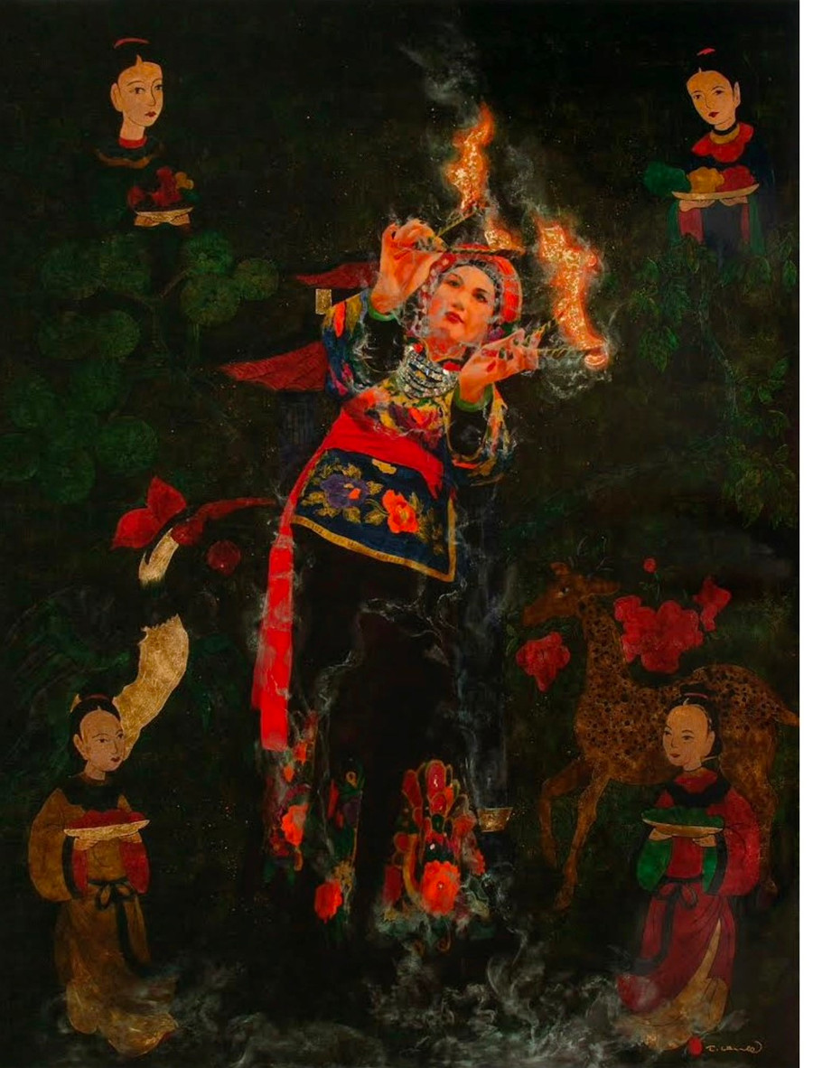 Tranh sơn mài 'Chầu đệ nhị thượng ngàn' của Trần Tuấn Long. Tranh sơn mài 'Chầu đệ nhị thượng ngàn' của Trần Tuấn Long.