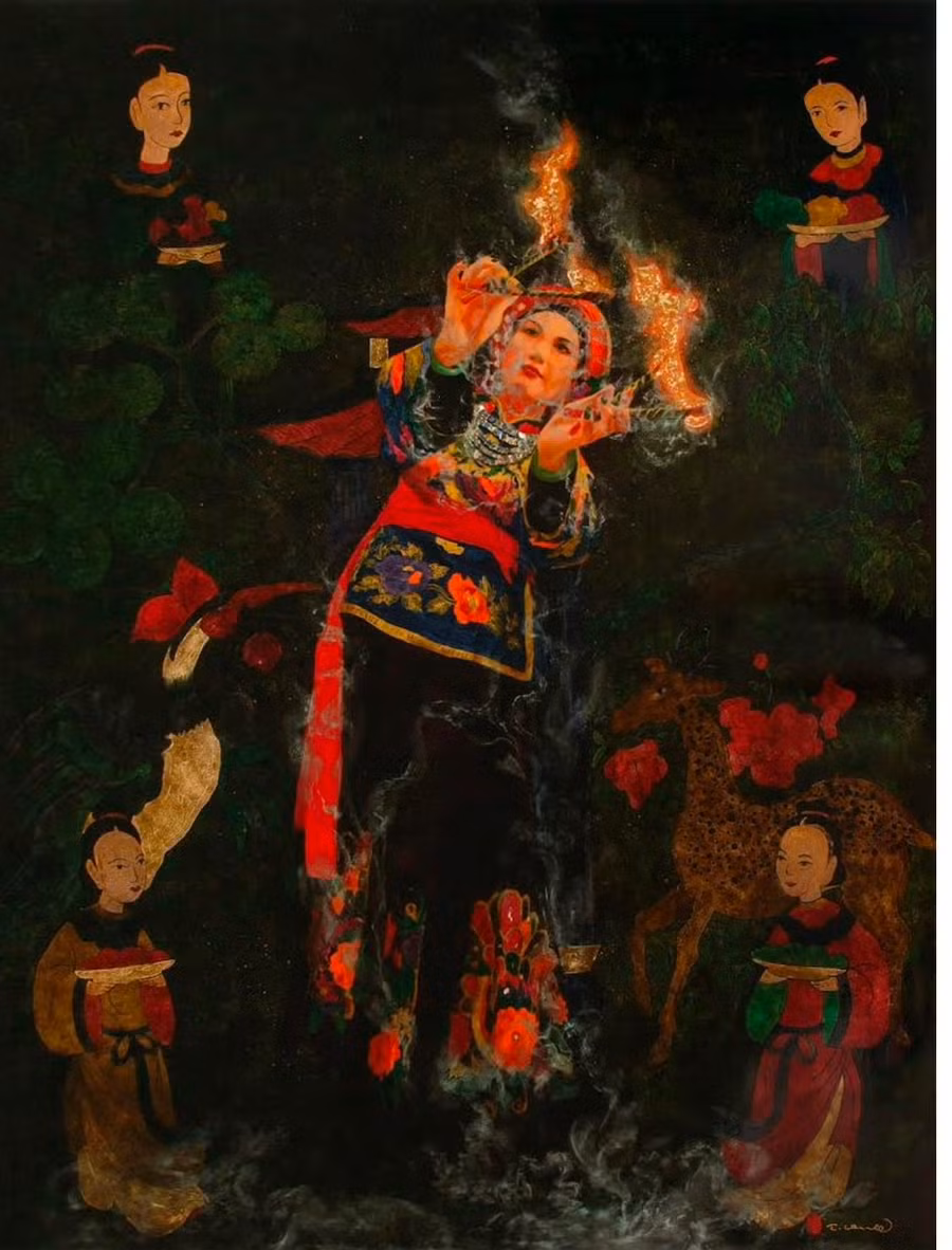 Tranh sơn mài 'Chầu đệ nhị thượng ngàn' của Trần Tuấn Long.