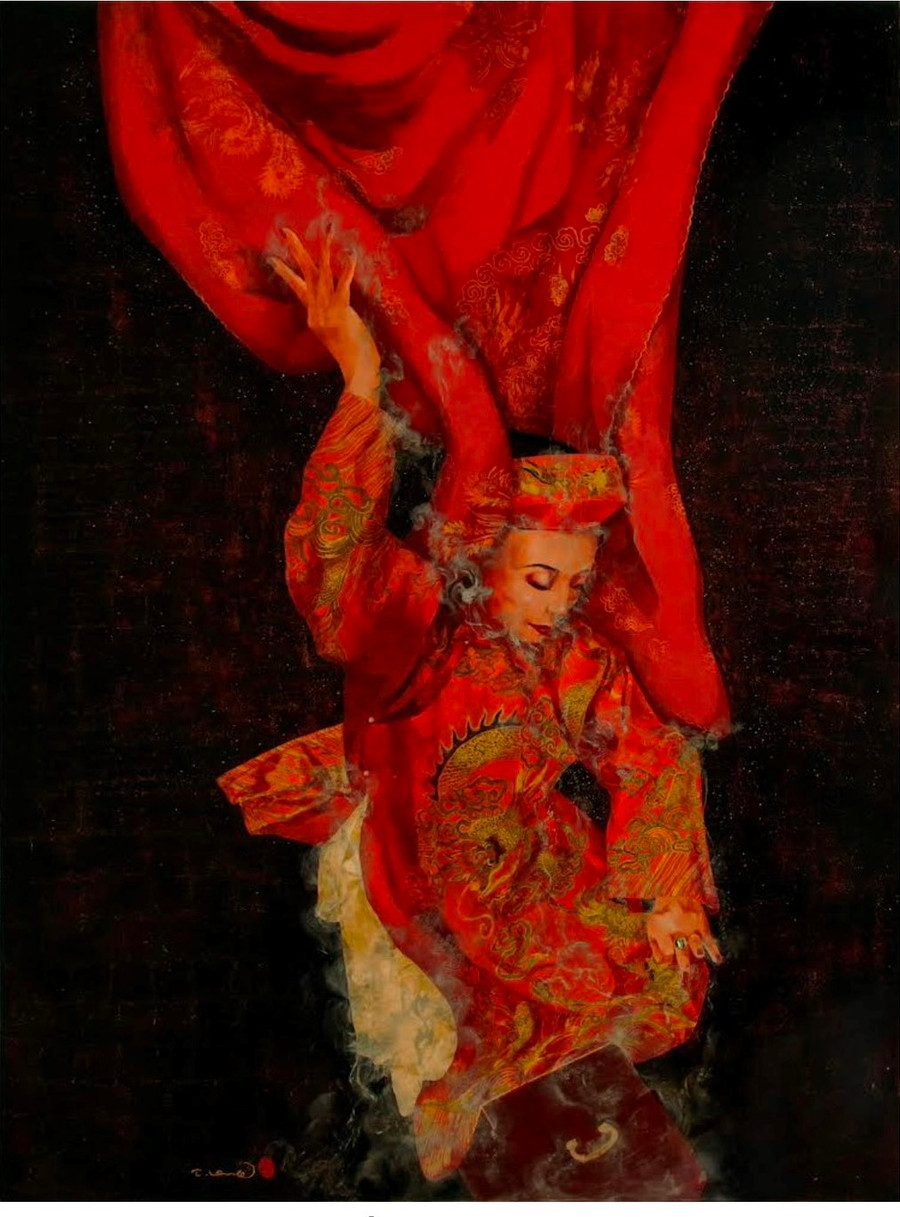 Tranh sơn mài 'Tung khăn ngự đồng' của Trần Tuấn Long. Tranh sơn mài 'Tung khăn ngự đồng' của Trần Tuấn Long.