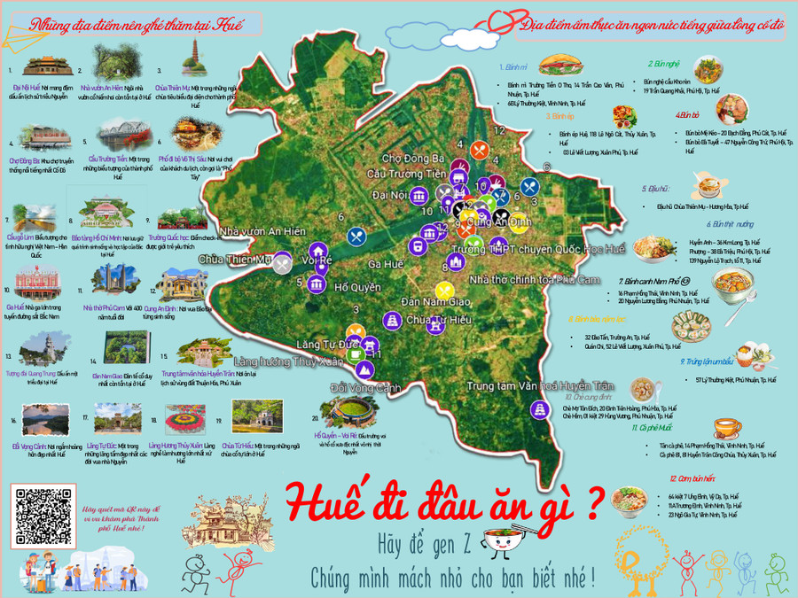 Trong bản đồ có tích hợp các điểm đến và gợi ý các địa điểm ẩm thực tại TP Huế, ngoài ra còn có mã QR để du khách có thể quét để biết thêm nhiều thông tin mà bản đồ cung cấp. Trong bản đồ có tích hợp các điểm đến và gợi ý các địa điểm ẩm thực tại TP Huế, ngoài ra còn có mã QR để du khách có thể quét để biết thêm nhiều thông tin mà bản đồ cung cấp.