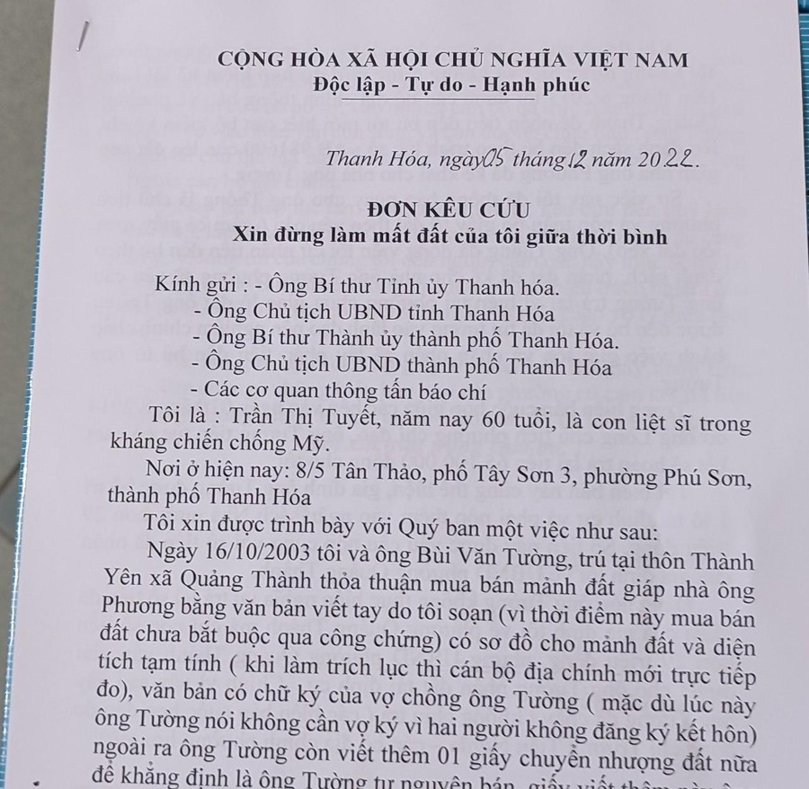 Đơn kêu cứu của bà Tuyết gửi Bí thư Tỉnh ủy, Chủ tịch UBND tỉnh Thanh Hóa.