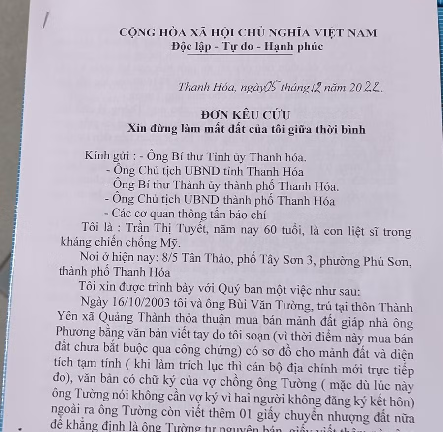 Đơn kêu cứu của bà Tuyết gửi Bí thư Tỉnh ủy, Chủ tịch UBND tỉnh Thanh Hóa.