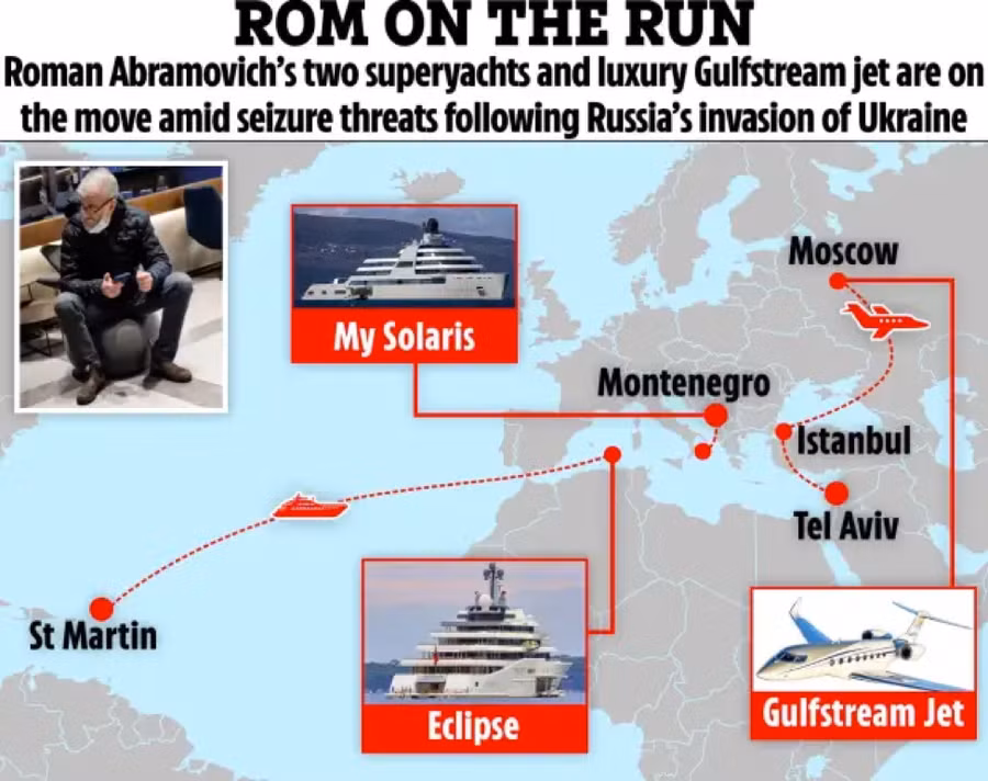 Hai siêu du thuyền của tỷ phú Abramovich cũng đang di chuyển để né lệnh trừng phạt.
