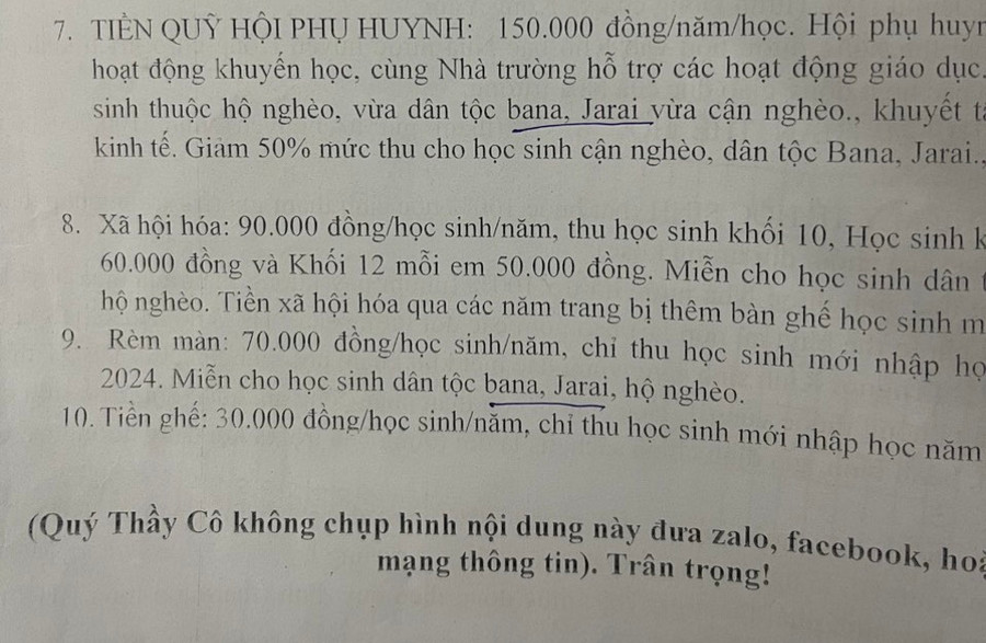 Một số khoản thu phụ huynh cho rằng, chưa đúng so với quy định tại Trường THPT Hà Huy Tập. Ảnh: Phụ huynh cung cấp