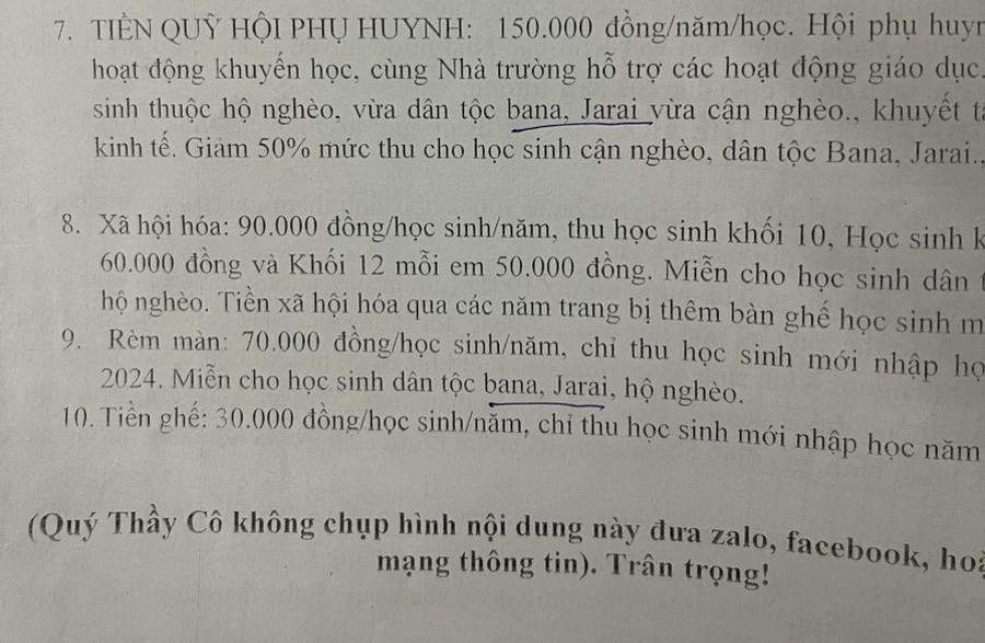 Một số khoản thu phụ huynh cho rằng, chưa đúng so với quy định tại Trường THPT Hà Huy Tập. Ảnh: Phụ huynh cung cấp